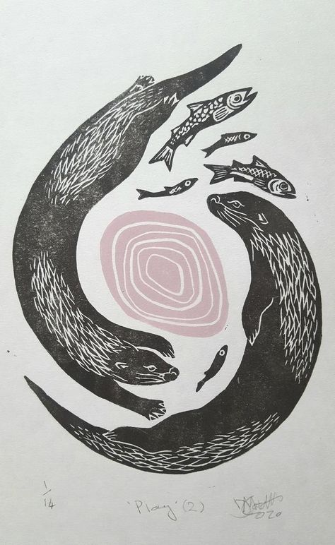 Two Otters, Otter Tattoo, River Otters, Fish Nature, Linocut Printmaking, Lino Art, Lino Prints, Linocut Art, Relief Print