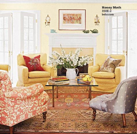 Honey Moth - Behr Sofa Fringe, Fringe Chair, Gold Fireplace, Traditional Style Living Room, Cottage Houses, Cream Furniture, House Colour, Yellow Paint Colors, Cottage Decorating