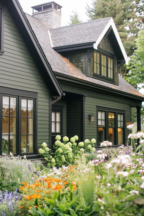 Dark Green Exterior House Colors, Dark Green House Exterior, Green Siding House, Black Trim Exterior House, Green Home Exterior, Green Exterior Paints, Green Exterior House Colors, Green House Exterior, Modern Front Yard Landscaping Ideas