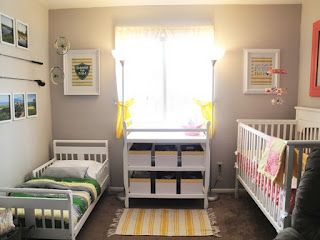 Love this boy/girl shared bedroom split in half. Baby And Toddler Shared Room, Boy And Girl Shared Room, Boy And Girl Shared Bedroom, Toddler And Baby Room, Kids Rooms Shared, Kids Shared Bedroom, Shared Girls Bedroom, Shared Kids Room, Boy Girl Bedroom