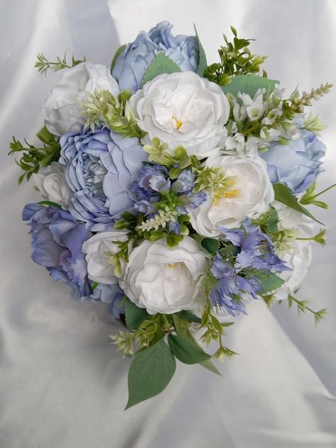 Sky Blue And White Wedding, Flower Girl Flowers, Purple Flower Bouquet, Artificial Bridal Bouquets, Ranunculus Bouquet, Blue And White Wedding, Wedding Flowers Peonies, Yellow Peonies, Matching Bridesmaids