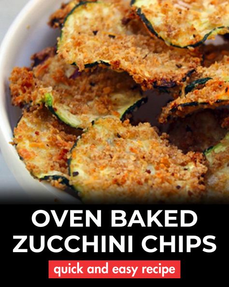 These oven baked zucchini chips are crispy, flavorful, and healthy! Make your own chips at home with this quick and easy recipe. Oven Baked Zucchini Chips, Zucchini Oven, Homemade Chips Recipe, Oven Baked Zucchini, Baked Zucchini Chips, Apple Chips Recipe, Zucchini Chips Recipe, Bread Crumbs Recipe, Potato Chip Recipes