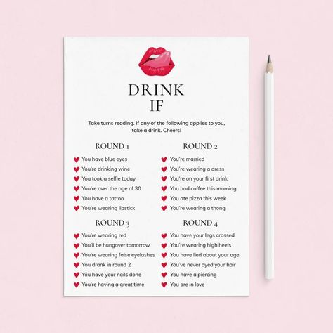 Ladies Night Games Printable | Best Girls Night Games Downloadable – LittleSizzle Bridal Games Ideas, Slumber Party Games For Women, Fun Games For Ladies Night, Girls Drinking Games, Bachelorette Drink If Game, Drinking Games For Girls Night, Ladies Night Ideas Games, Drink If Questions, Drinking Dares