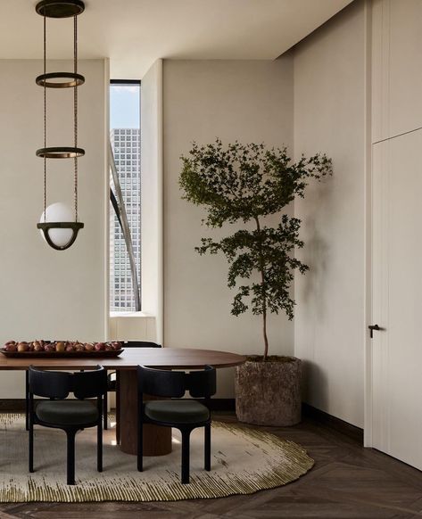 APPARATUS (@apparatusstudio) • Instagram photos and videos Dark Walnut Dining Table, Banda Property, View Of New York City, Walnut Dining Room, Dinner With A View, Teak Chairs, Walnut Dining Table, The Dining Room, Floor To Ceiling Windows