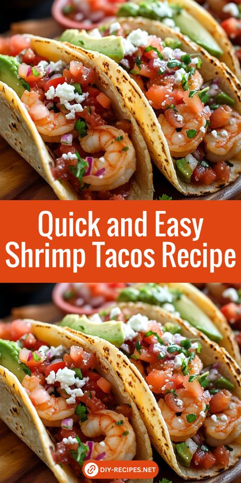 These quick shrimp tacos are packed with seasoned shrimp, fresh Pico de Gallo, and a tangy cabbage slaw. Charred tortillas add the perfect touch to this simple, tasty meal! Shrimp Quesadilla Easy, Baked Shrimp Tacos Oven, Baja Shrimp Tacos Recipe, Cole Slaw For Shrimp Tacos Recipes, Easy Shrimp Taco Recipe, Teriyaki Shrimp Tacos, Breaded Shrimp Tacos Easy, Mexican Shrimp Tacos Authentic, Cajun Shrimp Tacos Recipes