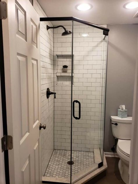 Small Shower Remodel Corner, Small Basement Full Bathroom Ideas, Small Bathroom Ideas Corner Shower Layout, Bathroom With Small Shower Stall, Washroom Design Small Aesthetic, Small Bathroom Remodel With Corner Shower Stall, Shower Across From Toilet, Bathroom Remodel Corner Shower Layout, Galley Bathroom Layout