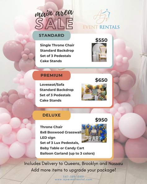 Looking for the ideal venue to turn your special moments into unforgettable memories? Our MAIN AREA SALE is here to make it happen! Choose from our exclusive packages that can be upgraded to fit your vision! Book now and make your event an unforgettable experience! 💫 Contact us: 347-389-4401 www.ajseventrental.com #EventDecor #Events #EventDecoration #EventSpace #EventVenue #IntimateSpace #IntimateVenue #EventPlanner #EventPlanners #EventsNYC #EventsQueens #EventSpaceNY #CreateMemories Event Planner Party Packages, Rental Space For Events, Event Planning Pricing Packages, Event Decorator Business, Diy Party Rentals, Event Space Business, Party Rental Business, Event Venue Business, Party Rental Ideas