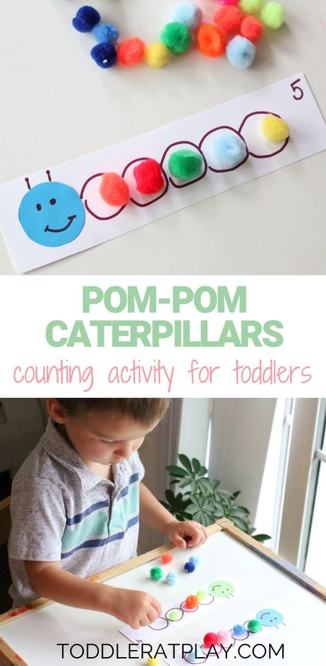 Pom-pom Caterpillars Counting Activity - Toddler at Play Childcare Activities, Caterpillar Counting, Counting For Toddlers, Math Activities For Toddlers, Toddler Math, Activity For Toddlers, Counting Activity, Insects Theme, Daycare Activities