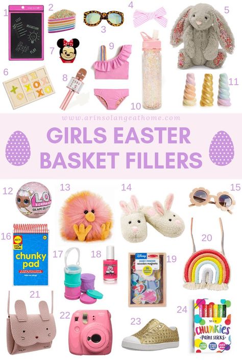 If you're looking for items for your girl's Easter Basket check out this blog post full of girls Easter Basket fillers for items your daughter will love!! https://www.arinsolange.com #Easter #EasterBasket #GirlsEasterBasket Girls Easter Basket Fillers, Easter Egg Filler Ideas, Easter Gift Ideas For Kids, Kids Easter Basket Ideas, Easter Basket Filler Ideas, Easter Baskets For Kids, Easter Crafts For Toddlers, Girls Easter Basket, Easter Basket Items