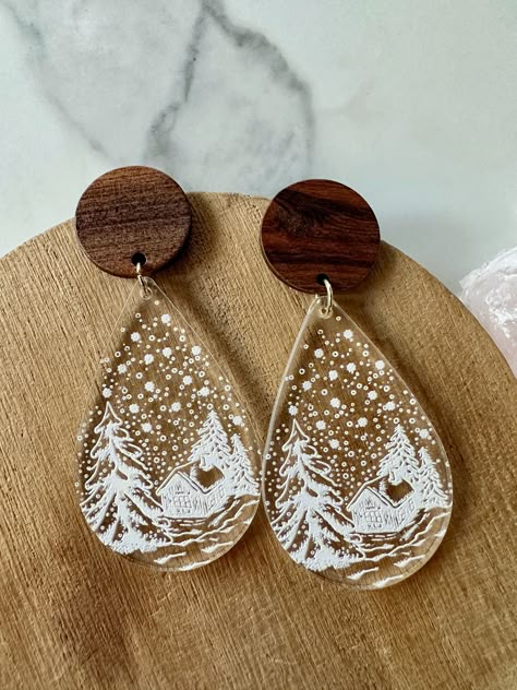 "This listing is for one pair of acrylic and wood earrings. They measure about 2.5\" in length, and are the perfect pair of winter statement earrings. The posts are surgical steel, and they are hypoallergenic." Engraving Ideas, Wood Dangle Earrings, Snowy Scene, Laser Projects, Engraved Earrings, Winter Earrings, Quirky Earrings, Steel Gifts, Earrings Acrylic