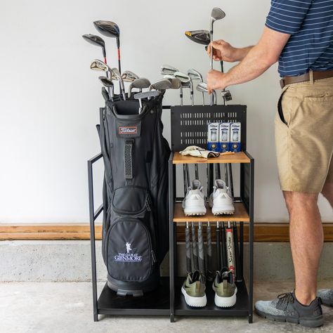 Golf Organization, Golf Club Storage, Golf Bag Storage, Golf Storage, Golf Room, Sport Rack, Wood Shelving, Library Designs, Simple Setup