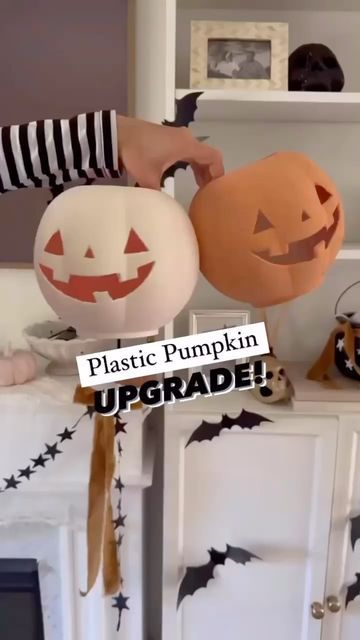 Caitlin Kruse on Instagram: "Plastic pumpkin upgrade!   This is one of my favorite simple ways to customize a $2 plastic pumpkin. They will last longer if you keep them indoors, protected from the elements.   🎃🎃🎃🎃" Plastic Halloween Pumpkin Ideas, Stacked Plastic Pumpkins Diy, Plastic Pumpkin Ideas, Plastic Pumpkin Decorating Ideas, Plastic Pumpkins Makeover, Plastic Pumpkins Crafts, Happy Halloweenie, Plastic Pumpkins, Halloween Family