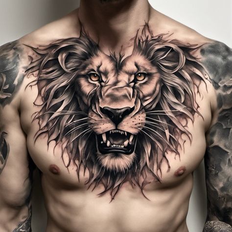 Chest tattoo ideas for men offer bold, masculine body art options. Popular designs include tribal patterns, religious symbols, and animal motifs. Large-scale chest pieces like Japanese-inspired artwork or geometric designs make striking statements. Portrait tattoos, quotes, or meaningful symbols are common choices for men's chest tattoos. Lion Chest Tattoo Men Design, Chest Piece Tattoo Men Design, Chest Tattoo Ideas For Men, Empire Of The Vampire, Lion Chest Tattoo, Diamond Tattoo Designs, Lion Tattoo Ideas, Diamond Tattoo, Chest Tattoo Ideas