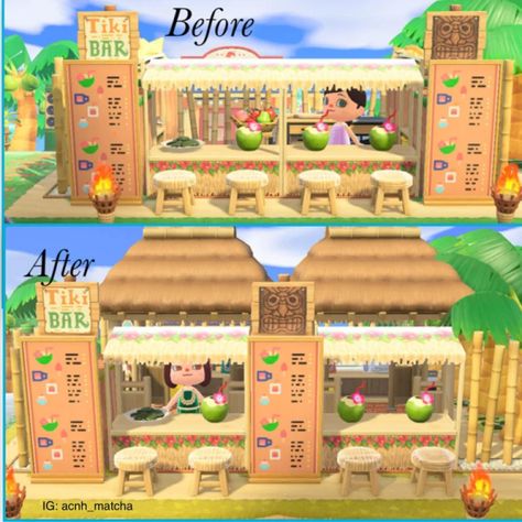 🧵-custom-design Acnh Tiki Bar Ideas, Acnh Tiki Stall Design, Acnh Beach Ideas Tiki Bar, Animal Crossing Island Inspiration Tropical, Animal Crossing Tiki Bar Ideas, Acnh Tiki Bar Design Code, Beach Cafe Acnh, Acnh Tiki Bar Design, Animal Crossing Beach Bar