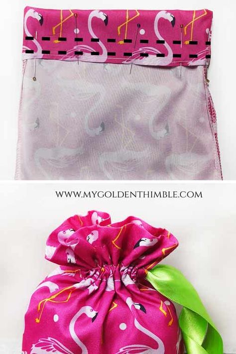 Quick Drawstring Bag, Fabric Drawstring Bag Diy, Easy Diy Drawstring Bag, Easy Lined Drawstring Bag Tutorial, Making A Drawstring Bag, Lined Fabric Gift Bags Diy Free Pattern, Pattern For Drawstring Bag, How To Sew Drawstring Bags, Drawstring Bags Diy