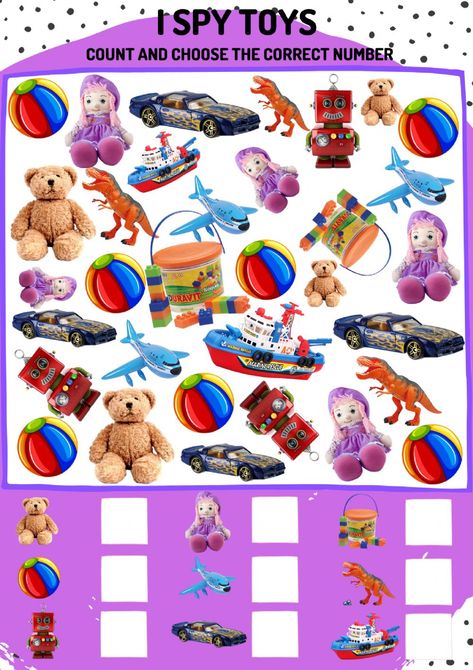 I spy toys: count and choose the correct number worksheet Toys Activities For Kids Worksheets, Toys Worksheets For Kids, Toys Worksheets, Spy Toys, Counting Toys, Toy Labels, Number Worksheet, I Spy Games, Counting Worksheets