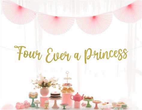 Four Ever a Princess Birthday Banner, 4th Birthday, 4 Ever a Princess Theme, Fairytale Princess Birthday Party, Choose Your Color - Etsy Forever A Princess Birthday Party, Pinkalicious Birthday Party Cake, Four Ever A Princess Birthday Invitation, Princess Fourth Birthday Party, Minimalist Princess Birthday Party, Girls 4th Birthday Party Themes, Princess Party 4th Birthday, 4th Birthday Princess Theme, Princess Fairytale Birthday Party