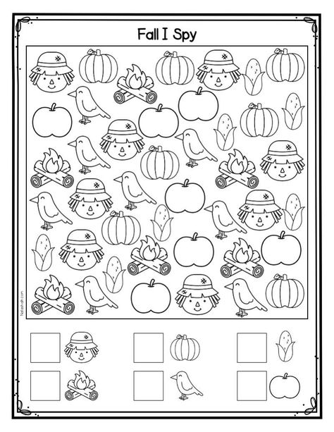 Pre K Fall Printables, Find The Path Worksheet, Free Sped Printables, Fun Preschool Worksheets Free Printable, Fall Pre K Worksheets, Kindergarten Fall Worksheets Free Printables, Free Printable Prek Worksheets, Preschool I Spy Free Printables, Preschool I Spy Printables