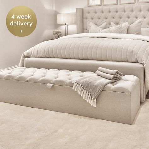 Harper Luxury Grey Buttoned Ottoman Box – Rowen Homes Ottoman King Bed, Nice Beds For Couples, Bed With Ottoman At End, Ottoman Bed Storage Ideas, Ottoman Bedroom Ideas, Ottoman Decor Bedroom, End Of Bed Bench With Storage, Pakistan Bedroom, Ottoman End Of Bed