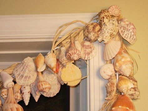 # beachy shell garland Easy Window Treatments, Homemade Garland, Seashell Garland, Shell Garland, Beach Decorations, Fabric Window Treatments, Window Treatment Ideas, Summer Window, She Sells Seashells