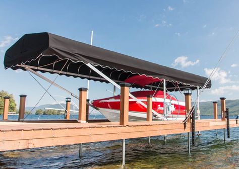 Lakehouse Dock, Diy Boat Trailer, Boat Canopy, Custom Canopy, Canopy Frame, Sun And Rain, Diy Boat, Boat Lift, Boat Slip