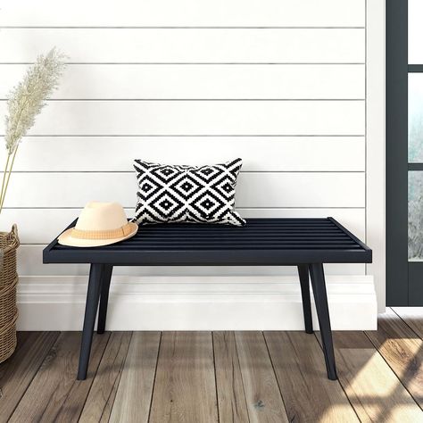 Plank+Beam Mid-Century Single Wood Entryway Bench, Black Beam Entryway, Mid Century Modern Entryway, Mid Century Entryway, Wood Entryway Bench, Bench For Bedroom, Wood Entryway, Black Patio, Solid Wood Benches, End Of Bed Bench