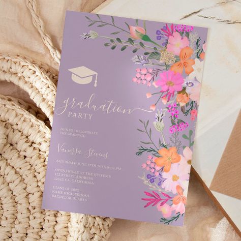 $2.92 - Romantic pastel wild flowers spring graduation - elegant typography, floral illustration, romantic wild flowers pattern, pastel pink lavender country flowers, graduate class of 2023, modern graduation, floral botanical, open house, party graduation, high school college grad Open House Party, Pink Graduation Party, Grad Party Theme, Floral Graduation Party, Grad Party Invitations, Graduation High School, Graduation Invitations High School, Graduation Open Houses, Graduation Templates