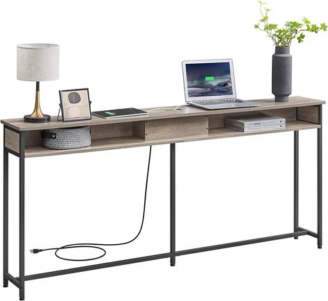 Amazon.com: VASAGLE 70 Inch Console Table with Outlet and Shelves, Sofa Table with Hidden Charging Station, Behind Couch Table Skinny, Long Entryway Table for Hallway, Living Room, Greige and Black : Home & Kitchen Living Room Greige, Hidden Charging Station, Table With Outlet, Behind Couch Table, Long Entryway Table, Long Entryway, Lamp Phone, Table For Hallway, Slim Console Table