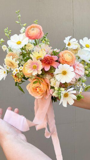 Summer Wedding Bridal Bouquet, Pink Yellow Orange Wedding Bouquet, Peachy Flower Bouquet, Peachy Flower Arrangements, Peach And White Wedding Bouquet, Pink And Peach Wedding Bouquet, Yellow And Pink Wedding Bouquet, Pink Peach Bouquet, Wedding Flowers With Carnations