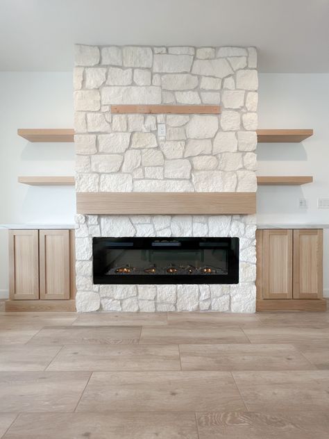 Built In Fireplace And Tv Diy Stone, Stone Entertainment Center, Modern Mediterranean Fireplace, Tv Wall Stone, Stone Fireplace With Built Ins, Fireplace Linear, Mediterranean Fireplace, Organic Transitional, Stone Interior Design