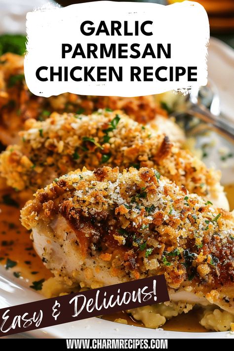 Try this simple Garlic Parmesan Chicken recipe at home that's packed with flavor and uses easy-to-find ingredients. Enjoy juicy chicken breasts coated in a rich, cheesy crust that will impress your family and friends alike. This dish is perfect for dinner parties or a delicious weeknight meal. Learn how to make this fan-favorite dish that rivals restaurant-quality meals in no time. Discover variations and tips for customizing your chicken to suit your tastes and enjoy a meal that combines comfort and sophistication. Chicken Thigh Recipes Parmesan, Skillet Chicken Breast Recipes, Parmesan Crusted Chicken Easy, Chicken With Parmesan Cheese, Parmesan Chicken Recipes, Parmesan Herb Crusted Chicken, Parmesan Crusted Chicken Tenders, Easy Garlic Parmesan Chicken, Garlic Parmesan Crusted Chicken