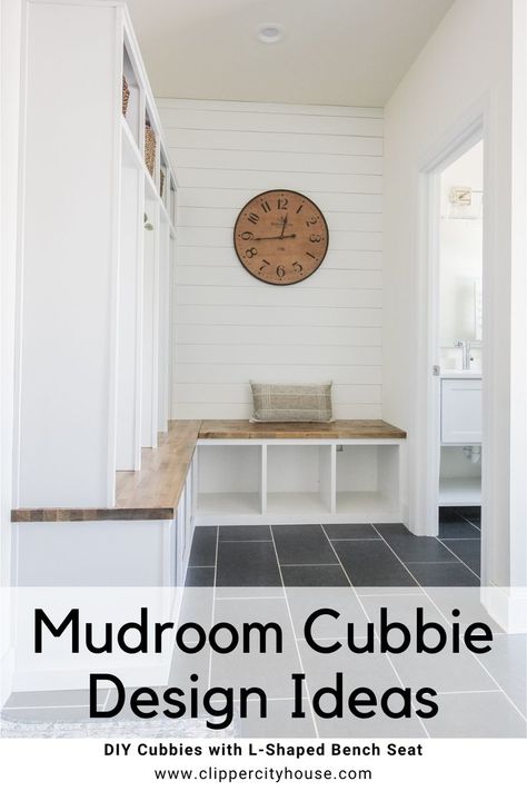 Mudroom Cubby Design Ideas Mudroom Floor Plan, Mudroom Built Ins, Modern Farmhouse Mudroom, Custom Mudroom, L Shaped Bench, Mudroom Cubbies, Mudroom Storage, Mudroom Flooring, Mudroom Bench Seat