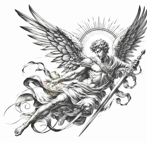 Christus Tattoo, Archangel Michael Tattoo, Archangel Tattoo, Statue Tattoo, Greek Mythology Tattoos, Angel Tattoo Designs, Religious Tattoos, Mythology Tattoos, Greek Tattoos