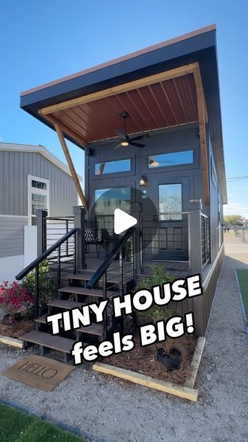 Chance’s Home World on Instagram: "❤️This tiny house/park model feels really BIG to me! This prefab house is the “Wedge” by Athens Park. WATCH THE FULL TOUR ON THE CHANNEL FOR ALL THE INFO AND PRICING, link in bio!   #tinyhouse #tinyhome #smallspacedesign #prefabhouse #prefabhome #house #realestate #newhome" Modern Style Tiny House, Tiny House In Garden, Tiny Pod Homes, Tiny Home For 4, Tiny House Compound Layout, Micro House Floor Plans, Perfect Tiny House, Tiny Tiny House, Tiny Home Designs Exterior