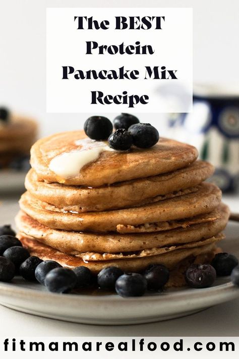 This homemade healthy protein pancake mix recipe is made with just 7 ingredients, and tastes delicious! Each pancake serving offers up 18 grams of protein. Make a big batch of protein powder pancakes and simplify the most busy morning. They are kid approved and delicious! Diy Protein Pancake Mix Easy, Protein Pancakes For Kids, Protein Pancake Mix Recipes, Healthy Pancake Mix, Homemade Pancake Mix Recipe, Healthy Protein Pancakes, Protein Pancakes Recipe, Protein Powder Pancakes, Best Whey Protein Powder