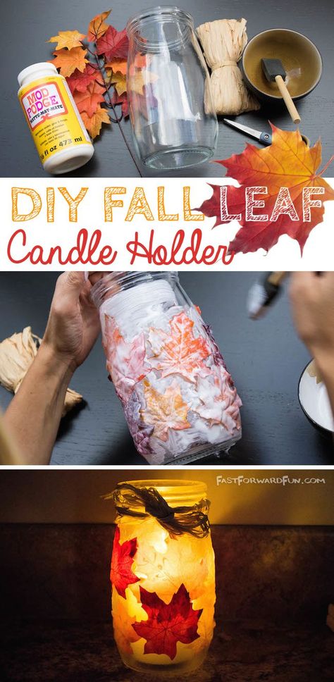 DIY Fall Leaf Candle Holder (video tutorial and lots of pics!) Fall Candles Diy, Fall Centerpieces Diy, Fall Candle Decor, Leaf Candle, Leaf Candle Holder, Candle Decoration, Mod Podge Crafts, Easy Fall Decor, Jar Candle Holder