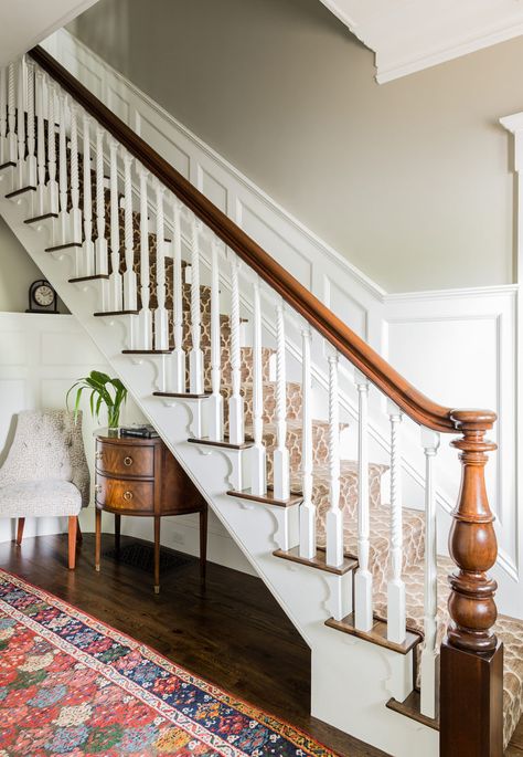 Project Before & After: Historic Home Renovation | Howell Custom Building Group Stairs Design Traditional, Historic Staircase Renovation, Oak Newel Post Staircases, Classic Wood Stairs, Stair Side Trim, Historic Home Staircase, Antique Newel Post, Staircase Newel Post Ideas, Staircase Design Luxury Classic