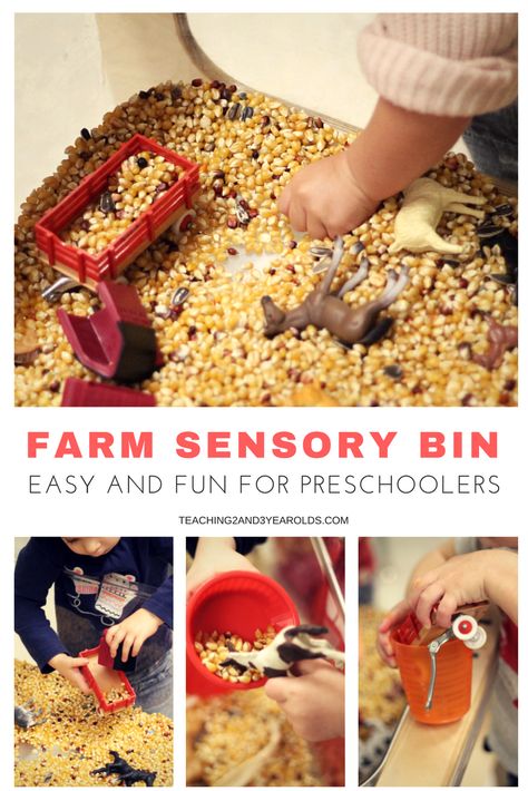 This farm sensory bin is super easy to put together, and preschoolers love it! Fine motor skills are strengthened as corn kernels are transferred. #fall #farm #sensory #toddler #preschool #finemotor Farm Sensory, Farm Sensory Bin, Farm Activities Preschool, Farm Animals Preschool, Farm Animals Activities, Animals Preschool, Farm Theme Preschool, Farm Unit, Theme Preschool