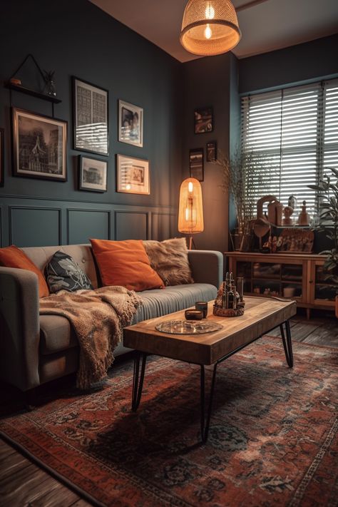 Bedroom Transitional, Moody Living Room, Grey Sofa Living Room, Grey Couch Living Room, Dark Living Rooms, Retro Living Rooms, Casa Country, Bed Design Modern, Corner Sofa Set