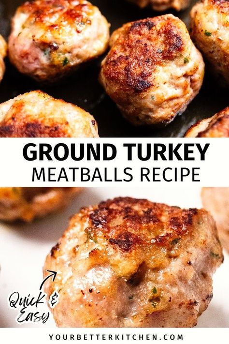 Need delicious and healthy ground turkey recipes? You can't miss these amazingly easy turkey meatballs. Trust me, our recipe is unlike any other. They create the absolute best juicy turkey meatballs you've ever tasted. Great for dinner or appetizers. Enjoy with rice, pasta, and sauce, or as a standalone appetizer. Plus, they're high in protein! Find this healthy meal idea today at yourbetterkitchen.com and explore more healthy dinner recipes. Ground Turkey And Pineapple Recipes, Juicy Ground Turkey, Turkey Meatballs Meal Ideas, Low Cal Turkey Meatballs, Stove Top Turkey Meatballs, 21 Day Fix Ground Turkey Recipes, Frozen Ground Turkey Recipes, Turkey Beef Recipes, Ground Turkey And Rice Recipes