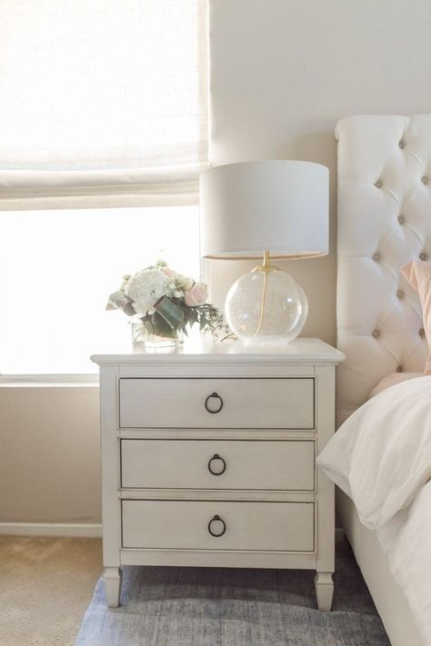 I am so passionate about home decor and I am finally revealing our bedroom decor! I hope you like our neutral and pastel bedroom as much as I do! Bedside Table Decor, Pastel Bedroom, Lamp Makeover, White Bedside Table, Bedroom Lamp, Side Tables Bedroom, Side Table Lamps, Small Room Bedroom, Home Remodel