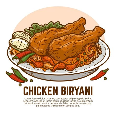 Hand drawn chicken biryani | Free Vector #Freepik #freevector #hand #hand-drawn #chicken #rice Chicken Biryani Drawing, Biryani Logo Design, Chicken Feet Drawing, Chicken Butter Masala, Aesthetic Chicken, Biryani Rice, Feet Drawing, Chicken Drawing, Rock Fest