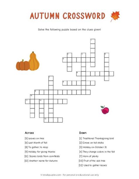 Fall Crossword Puzzles Printable, Fall Crossword, Thanksgiving Crossword Puzzle, Crossword Puzzles For Kids, Thanksgiving Crossword, Free Printable Crossword Puzzles, Word Puzzles For Kids, Autumn Puzzle, Printable Crossword Puzzles