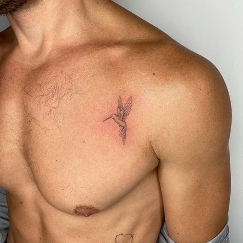 Hummingbird Men Tattoo, Classic Hummingbird Tattoo, Humming Bird Chest Tattoo, Cardinal Back Tattoo, Men Hummingbird Tattoo, Hummingbird Tattoo For Men Guys, Mockingbird Tattoo Men, Single Needle Tattoo Men, Men’s Hummingbird Tattoo