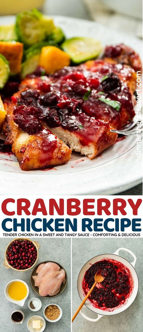 This Cranberry Chicken recipe makes easy, tender meat in a sweet and tangy cranberry sauce with orange juice, brown sugar, and maple syrup. Orange Cranberry Chicken, Chicken With Cranberry Sauce Baked, Cranberry Chicken Recipe, Cranberry Glazed Chicken, Chicken And Cranberry Recipes, Cranberry Dinner Recipes, Chicken With Cranberry Sauce, Cranberry Sauce Crockpot, Cranberry Orange Chicken