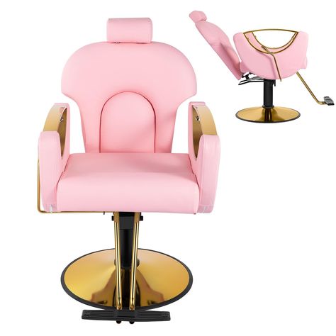 PRICES MAY VARY. 【Pink Salon Chair】: This pink gold color endows this stylist chair with infinite fashion.With The armrest adopt hollow metal structure design，Our styliing chair is eye catching and a great addition your beauty room.Also it can be a braiding chair to Lit your little corner up. 【Recling Hairstylist Chair】: Our hair salon chair can be reclined from 90° to 135° for more comfortble. The chair's reclining lever is on the right side when you are sitting! And with adjustble headrest can She Shed Hair Salon, She Shed Hair Salon Ideas, Hairstylist Room Ideas, Hair Studio Decor, Stylist Chair, Pink Salon, Hair Salon Chairs, Beauty Room Decor, Salon Interior Design