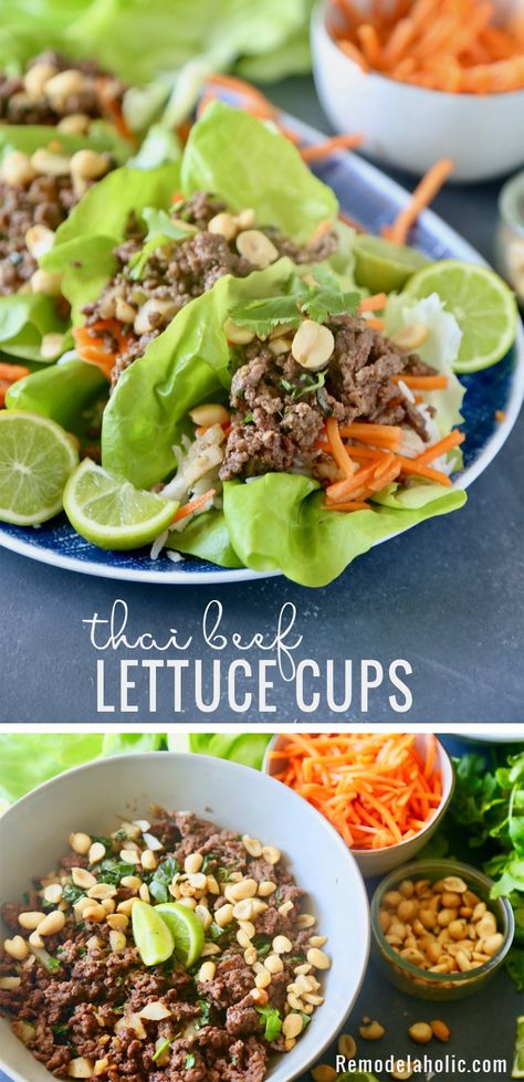 Try this delicious recipe as an appetizer or main dish with an asian flair. Thai Beef Lettuce Cups Recipe at Remodelaholic.com Beef Lettuce Cups, Larb Recipe, Recipes Using Ground Beef, Beef Lettuce Wraps, Thai Beef, Laos Food, Lettuce Cups, Asian Inspired Recipes, Beef Recipes Easy