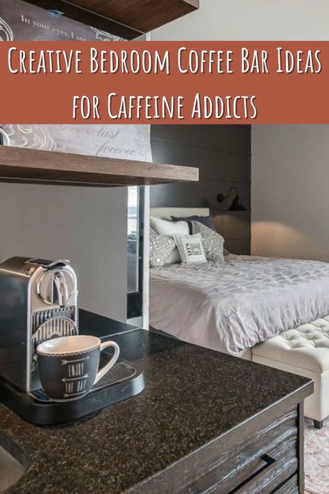 Bedroom Coffee Bar With Fridge, Small Coffee Nook In Bedroom, Small Bedroom Coffee Bar, Keurig In Bedroom, Coffee Bar For Bedroom, Bedroom With Coffee Station, Bedroom Mini Bar Ideas, Coffee Bar Bedroom Master Suite Mini Fridge, Mini Bar In Bedroom Master Suite