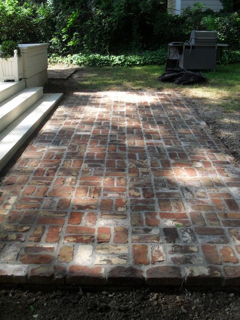 reclaimed brick patio - reuse the bricks from the old stack chimney Reclaimed Brick Patio, Concrete Patios, Brick Patio, Brick Path, Brick Walkway, Recycled Brick, Paver Walkway, Reclaimed Brick, Patio Flooring