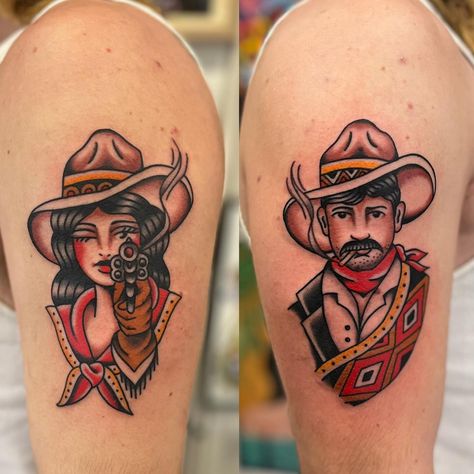 Peter Thorne | Matching pair for my buddy Tristan! Thanks man, made @nomansland.tattoo | Instagram American Traditional Wedding Tattoo, Couple Tattoo Traditional, Couples American Traditional Tattoo, Couples Traditional Tattoo, Couple Traditional Tattoo, American Traditional Couple Tattoo, Western Tattoo Traditional, Western Style Tattoos Men, Old School Western Tattoo